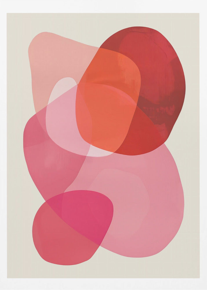 An abstract art print in a black frame, featuring a composition of overlapping, translucent, organic shapes in shades of red, orange, and pink on an off-white background. Print