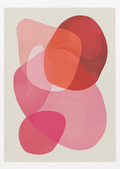 An abstract art print in a black frame, featuring a composition of overlapping, translucent, organic shapes in shades of red, orange, and pink on an off-white background. Print