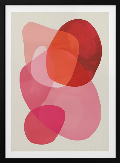 An abstract art print in a black frame, featuring a composition of overlapping, translucent, organic shapes in shades of red, orange, and pink on an off-white background. Print