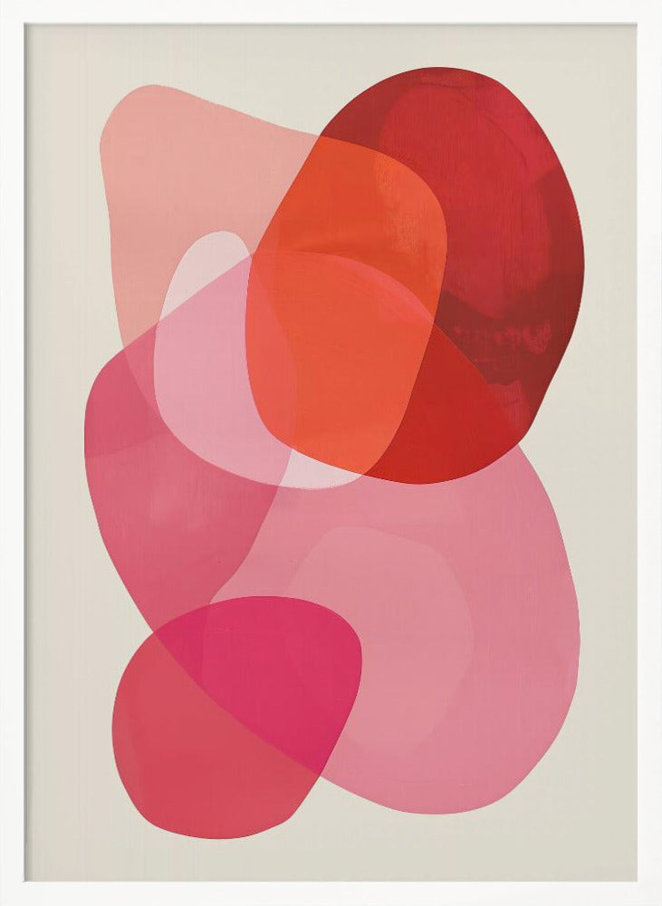 An abstract art print in a black frame, featuring a composition of overlapping, translucent, organic shapes in shades of red, orange, and pink on an off-white background. Print