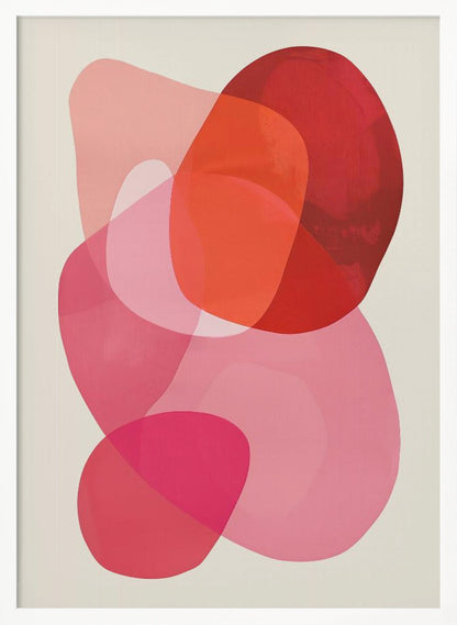 An abstract art print in a black frame, featuring a composition of overlapping, translucent, organic shapes in shades of red, orange, and pink on an off-white background. Print
