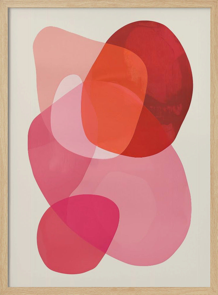 An abstract art print in a black frame, featuring a composition of overlapping, translucent, organic shapes in shades of red, orange, and pink on an off-white background. Print