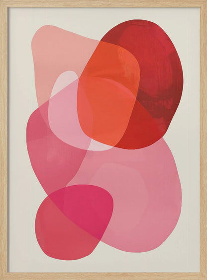 An abstract art print in a black frame, featuring a composition of overlapping, translucent, organic shapes in shades of red, orange, and pink on an off-white background. Print