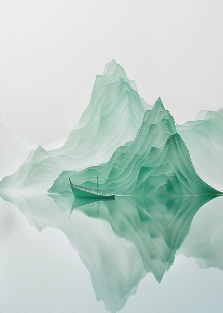 A minimalist digital artwork of a tranquil landscape featuring layered, jade-green mountains reflected in still, glassy water. A small, traditional green boat floats peacefully on the surface, adding to the serene and ethereal atmosphere. Poster