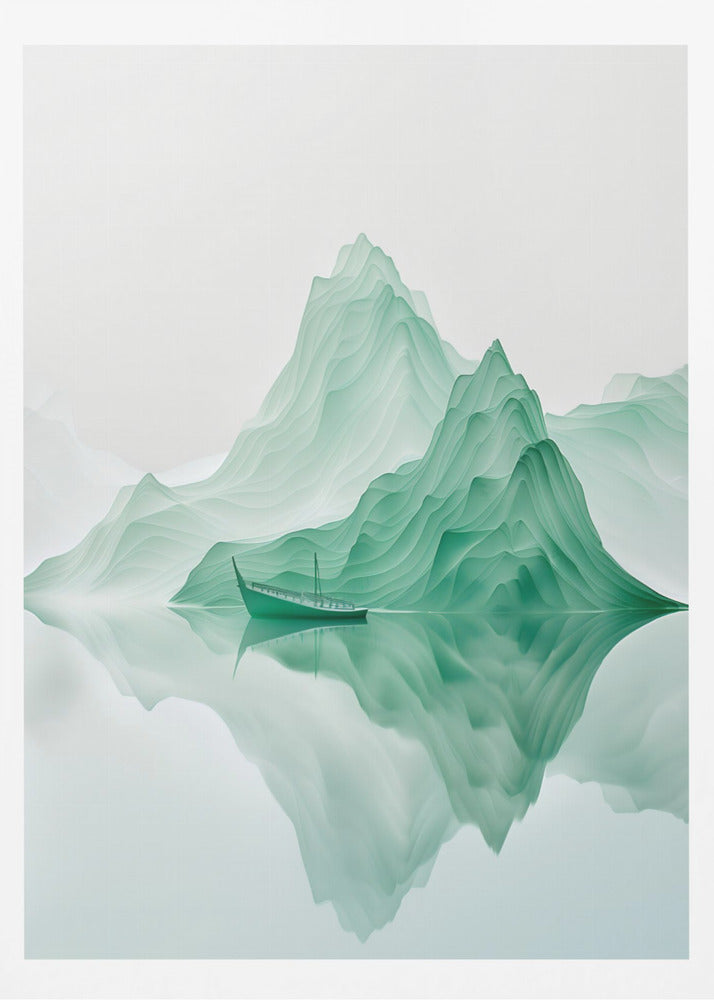 A minimalist digital artwork of a tranquil landscape featuring layered, jade-green mountains reflected in still, glassy water. A small, traditional green boat floats peacefully on the surface, adding to the serene and ethereal atmosphere. Poster