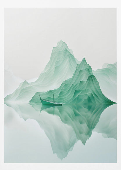 A minimalist digital artwork of a tranquil landscape featuring layered, jade-green mountains reflected in still, glassy water. A small, traditional green boat floats peacefully on the surface, adding to the serene and ethereal atmosphere. Poster