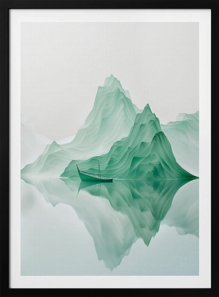 A minimalist digital artwork of a tranquil landscape featuring layered, jade-green mountains reflected in still, glassy water. A small, traditional green boat floats peacefully on the surface, adding to the serene and ethereal atmosphere. Poster