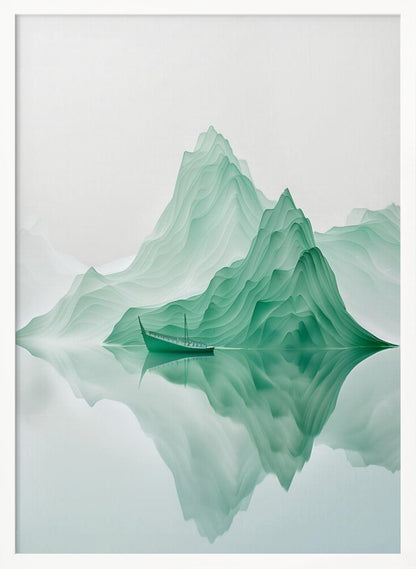 A minimalist digital artwork of a tranquil landscape featuring layered, jade-green mountains reflected in still, glassy water. A small, traditional green boat floats peacefully on the surface, adding to the serene and ethereal atmosphere. Poster