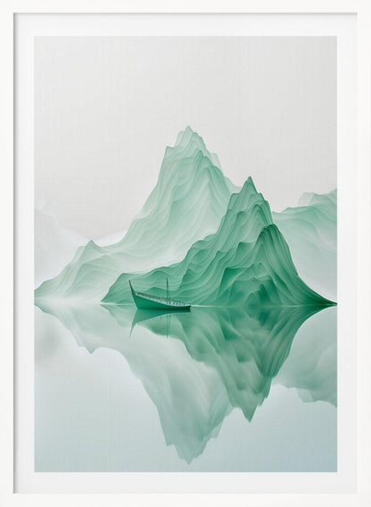 A minimalist digital artwork of a tranquil landscape featuring layered, jade-green mountains reflected in still, glassy water. A small, traditional green boat floats peacefully on the surface, adding to the serene and ethereal atmosphere. Poster