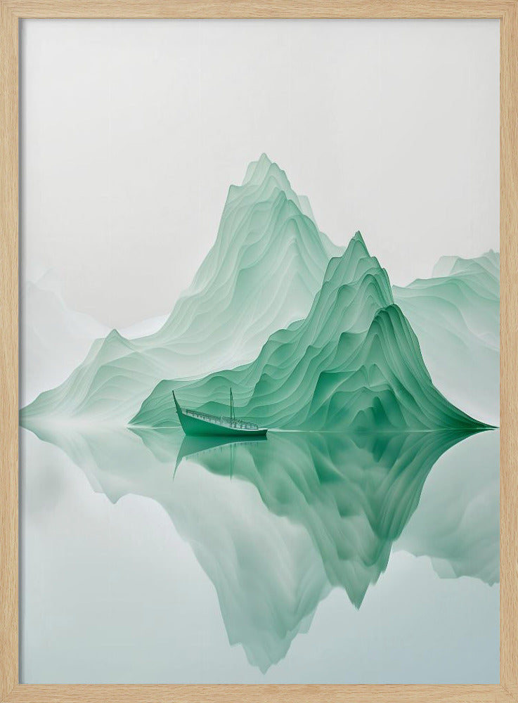 A minimalist digital artwork of a tranquil landscape featuring layered, jade-green mountains reflected in still, glassy water. A small, traditional green boat floats peacefully on the surface, adding to the serene and ethereal atmosphere. Poster