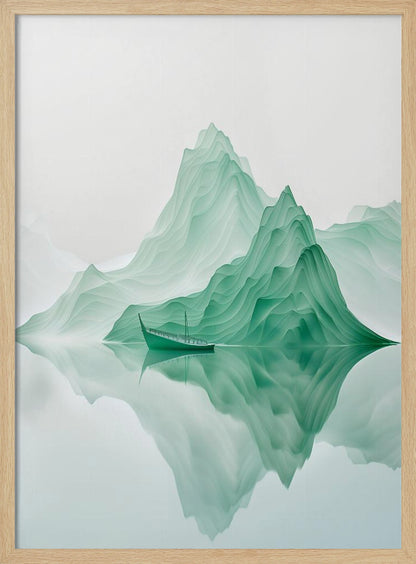 A minimalist digital artwork of a tranquil landscape featuring layered, jade-green mountains reflected in still, glassy water. A small, traditional green boat floats peacefully on the surface, adding to the serene and ethereal atmosphere. Poster