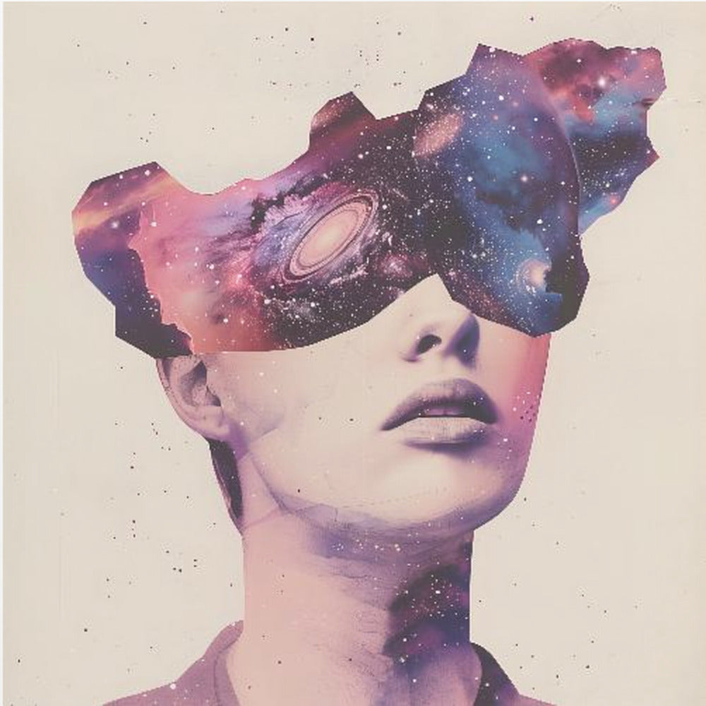 A surreal collage art piece featuring a portrait of a person's lower face. Their eyes are obscured by a cutout shape filled with a vibrant image of a colorful galaxy, complete with stars, nebulae, and a spiral galaxy. The artwork is presented in a light wood frame. Poster
