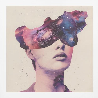 A surreal collage art piece featuring a portrait of a person's lower face. Their eyes are obscured by a cutout shape filled with a vibrant image of a colorful galaxy, complete with stars, nebulae, and a spiral galaxy. The artwork is presented in a light wood frame. Poster