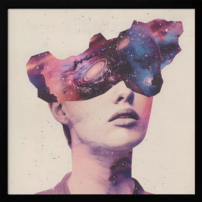 A surreal collage art piece featuring a portrait of a person's lower face. Their eyes are obscured by a cutout shape filled with a vibrant image of a colorful galaxy, complete with stars, nebulae, and a spiral galaxy. The artwork is presented in a light wood frame. Poster