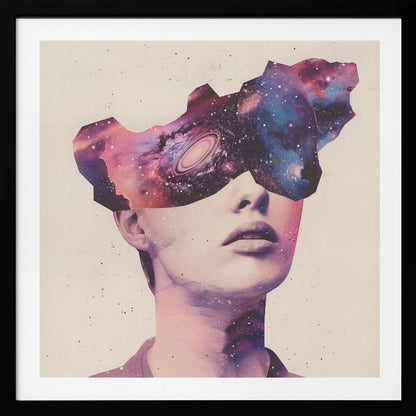 A surreal collage art piece featuring a portrait of a person's lower face. Their eyes are obscured by a cutout shape filled with a vibrant image of a colorful galaxy, complete with stars, nebulae, and a spiral galaxy. The artwork is presented in a light wood frame. Poster