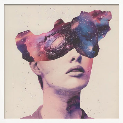 A surreal collage art piece featuring a portrait of a person's lower face. Their eyes are obscured by a cutout shape filled with a vibrant image of a colorful galaxy, complete with stars, nebulae, and a spiral galaxy. The artwork is presented in a light wood frame. Poster