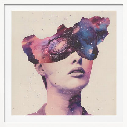 A surreal collage art piece featuring a portrait of a person's lower face. Their eyes are obscured by a cutout shape filled with a vibrant image of a colorful galaxy, complete with stars, nebulae, and a spiral galaxy. The artwork is presented in a light wood frame. Poster