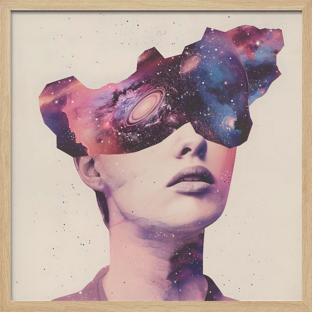 A surreal collage art piece featuring a portrait of a person's lower face. Their eyes are obscured by a cutout shape filled with a vibrant image of a colorful galaxy, complete with stars, nebulae, and a spiral galaxy. The artwork is presented in a light wood frame. Poster