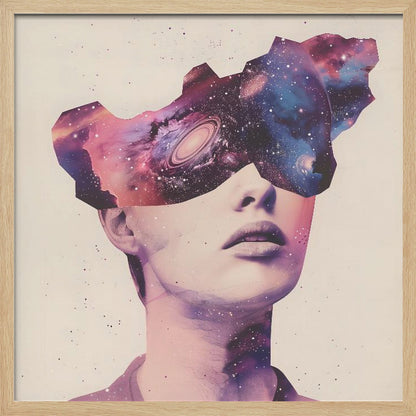 A surreal collage art piece featuring a portrait of a person's lower face. Their eyes are obscured by a cutout shape filled with a vibrant image of a colorful galaxy, complete with stars, nebulae, and a spiral galaxy. The artwork is presented in a light wood frame. Poster