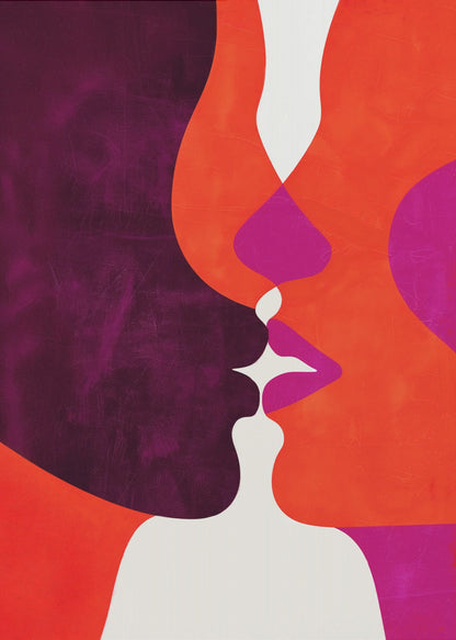 An abstract modern art piece depicting a close-up of two profiles about to kiss. The figures are composed of bold, interlocking shapes in deep purple, vibrant orange, and magenta, with white creating negative space between their lips and bodies. The artwork has a textured finish and is enclosed in a simple black frame. Wall Art