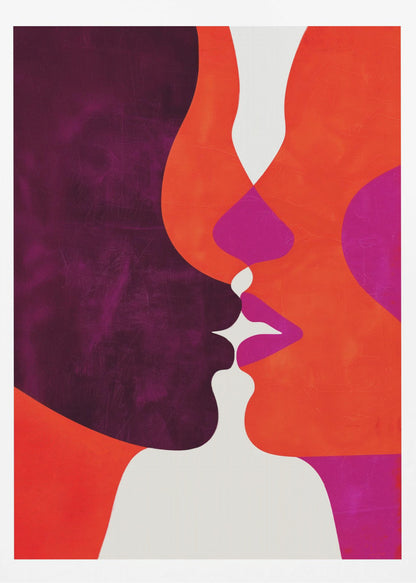An abstract modern art piece depicting a close-up of two profiles about to kiss. The figures are composed of bold, interlocking shapes in deep purple, vibrant orange, and magenta, with white creating negative space between their lips and bodies. The artwork has a textured finish and is enclosed in a simple black frame. Wall Art