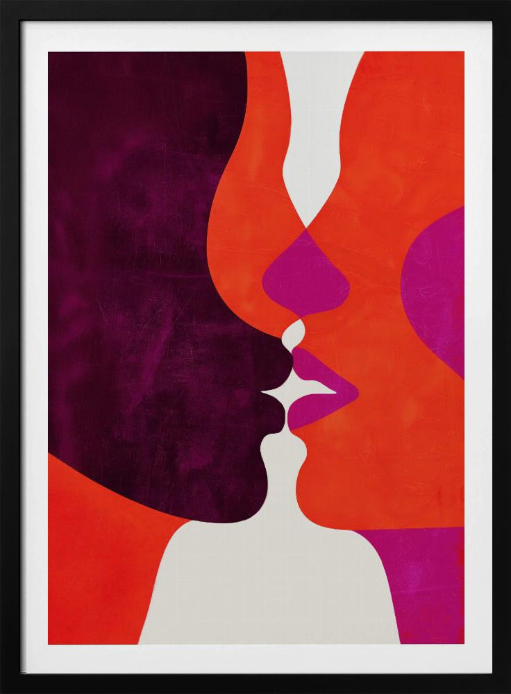 An abstract modern art piece depicting a close-up of two profiles about to kiss. The figures are composed of bold, interlocking shapes in deep purple, vibrant orange, and magenta, with white creating negative space between their lips and bodies. The artwork has a textured finish and is enclosed in a simple black frame. Wall Art