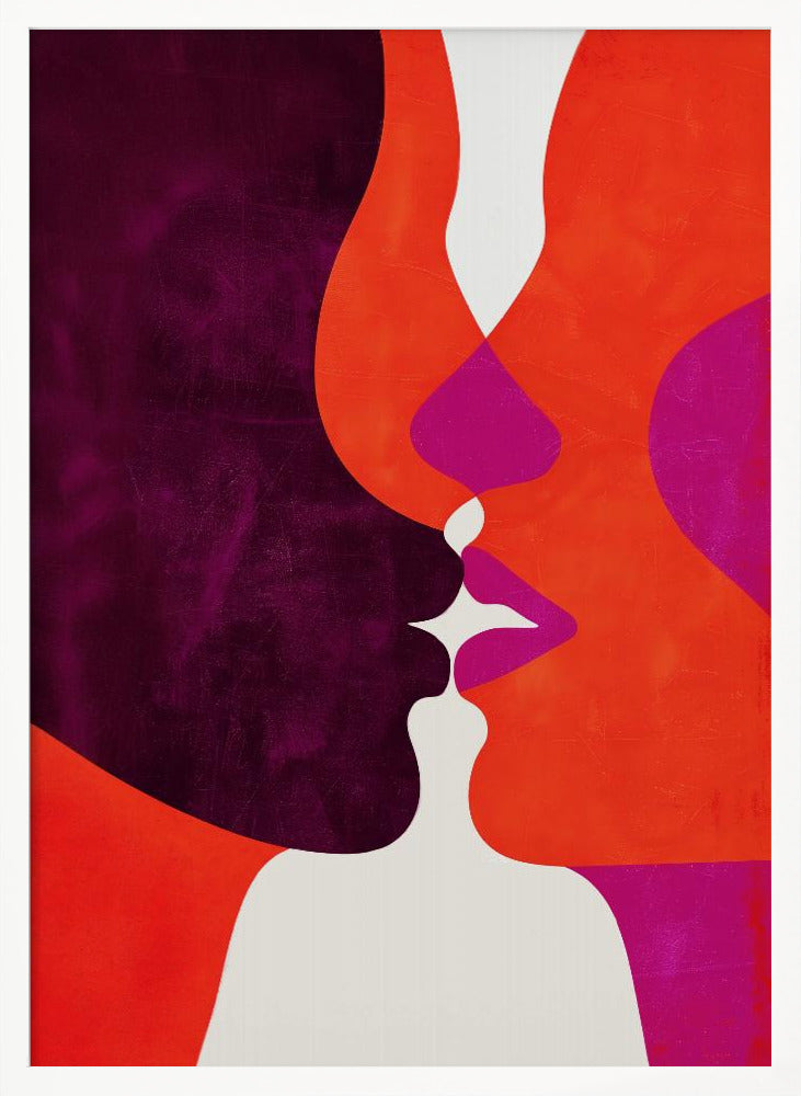An abstract modern art piece depicting a close-up of two profiles about to kiss. The figures are composed of bold, interlocking shapes in deep purple, vibrant orange, and magenta, with white creating negative space between their lips and bodies. The artwork has a textured finish and is enclosed in a simple black frame. Wall Art
