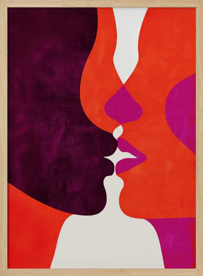 An abstract modern art piece depicting a close-up of two profiles about to kiss. The figures are composed of bold, interlocking shapes in deep purple, vibrant orange, and magenta, with white creating negative space between their lips and bodies. The artwork has a textured finish and is enclosed in a simple black frame. Wall Art