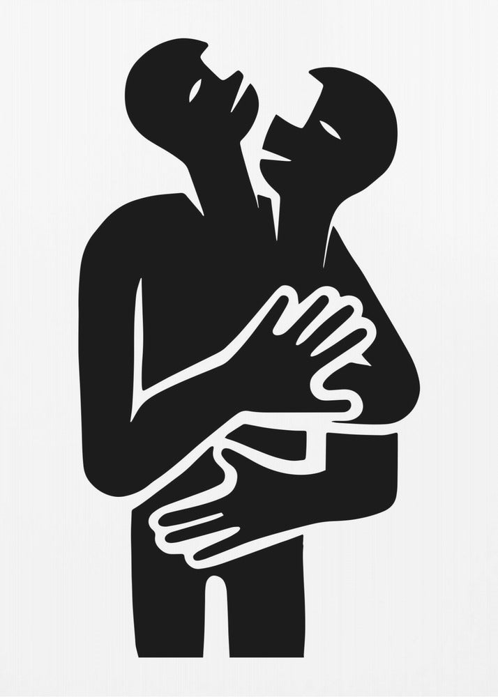 A minimalist black and white graphic art print showing two abstract human figures in a tight embrace. The figures are rendered in a bold, solid black silhouette against a stark white background, creating a high-contrast image. Their arms are wrapped around each other, and their heads are tilted back, suggesting a powerful emotion like passion, comfort, or unity. Decor