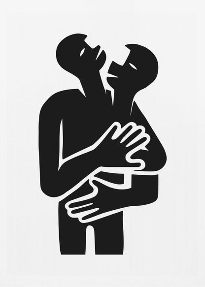 A minimalist black and white graphic art print showing two abstract human figures in a tight embrace. The figures are rendered in a bold, solid black silhouette against a stark white background, creating a high-contrast image. Their arms are wrapped around each other, and their heads are tilted back, suggesting a powerful emotion like passion, comfort, or unity. Decor