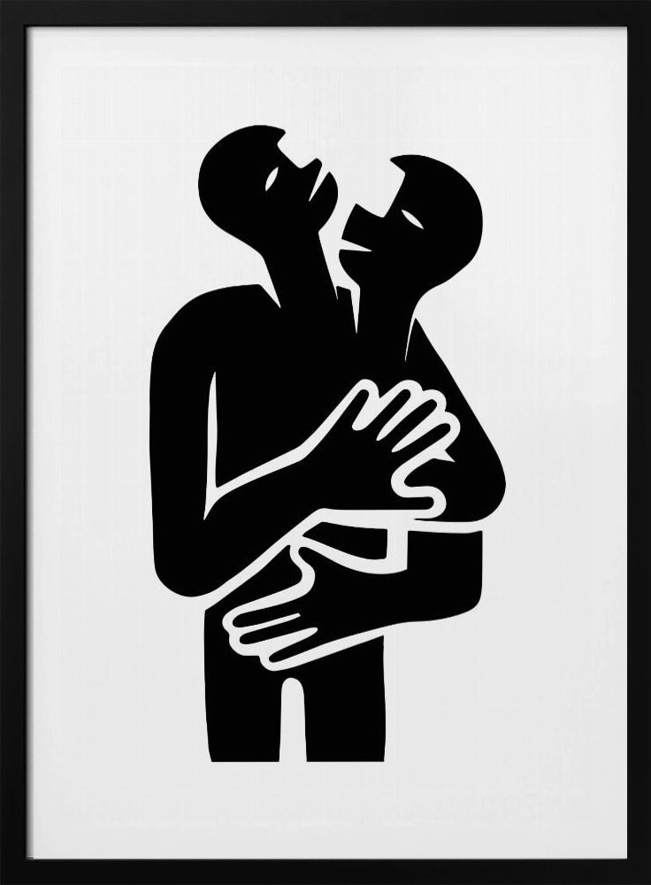 A minimalist black and white graphic art print showing two abstract human figures in a tight embrace. The figures are rendered in a bold, solid black silhouette against a stark white background, creating a high-contrast image. Their arms are wrapped around each other, and their heads are tilted back, suggesting a powerful emotion like passion, comfort, or unity. Decor