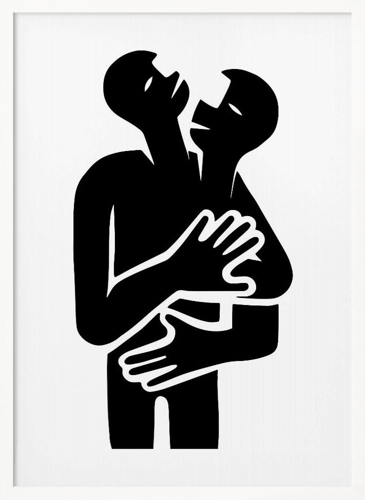 A minimalist black and white graphic art print showing two abstract human figures in a tight embrace. The figures are rendered in a bold, solid black silhouette against a stark white background, creating a high-contrast image. Their arms are wrapped around each other, and their heads are tilted back, suggesting a powerful emotion like passion, comfort, or unity. Decor