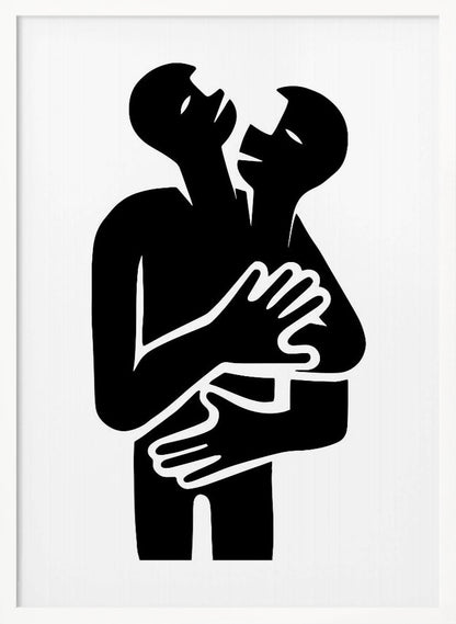 A minimalist black and white graphic art print showing two abstract human figures in a tight embrace. The figures are rendered in a bold, solid black silhouette against a stark white background, creating a high-contrast image. Their arms are wrapped around each other, and their heads are tilted back, suggesting a powerful emotion like passion, comfort, or unity. Decor