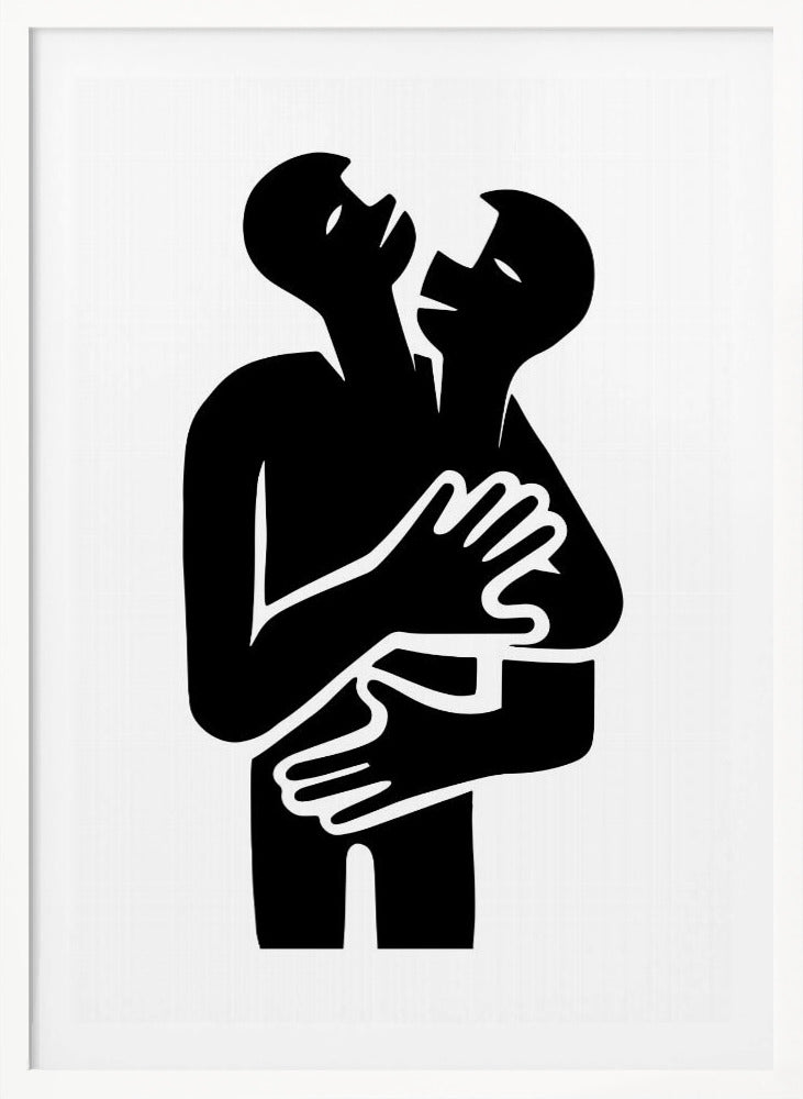 A minimalist black and white graphic art print showing two abstract human figures in a tight embrace. The figures are rendered in a bold, solid black silhouette against a stark white background, creating a high-contrast image. Their arms are wrapped around each other, and their heads are tilted back, suggesting a powerful emotion like passion, comfort, or unity. Decor