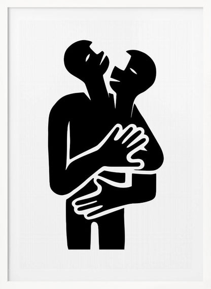 A minimalist black and white graphic art print showing two abstract human figures in a tight embrace. The figures are rendered in a bold, solid black silhouette against a stark white background, creating a high-contrast image. Their arms are wrapped around each other, and their heads are tilted back, suggesting a powerful emotion like passion, comfort, or unity. Decor