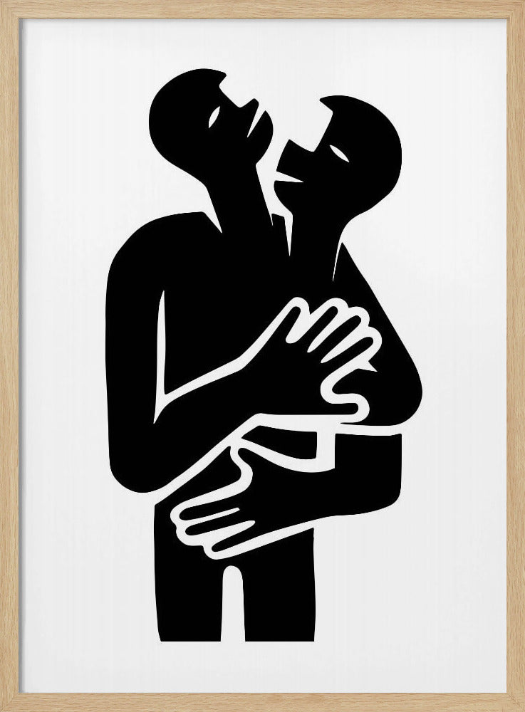 A minimalist black and white graphic art print showing two abstract human figures in a tight embrace. The figures are rendered in a bold, solid black silhouette against a stark white background, creating a high-contrast image. Their arms are wrapped around each other, and their heads are tilted back, suggesting a powerful emotion like passion, comfort, or unity. Decor