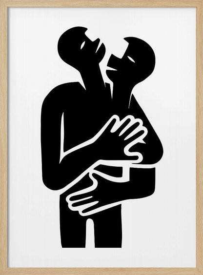 A minimalist black and white graphic art print showing two abstract human figures in a tight embrace. The figures are rendered in a bold, solid black silhouette against a stark white background, creating a high-contrast image. Their arms are wrapped around each other, and their heads are tilted back, suggesting a powerful emotion like passion, comfort, or unity. Decor