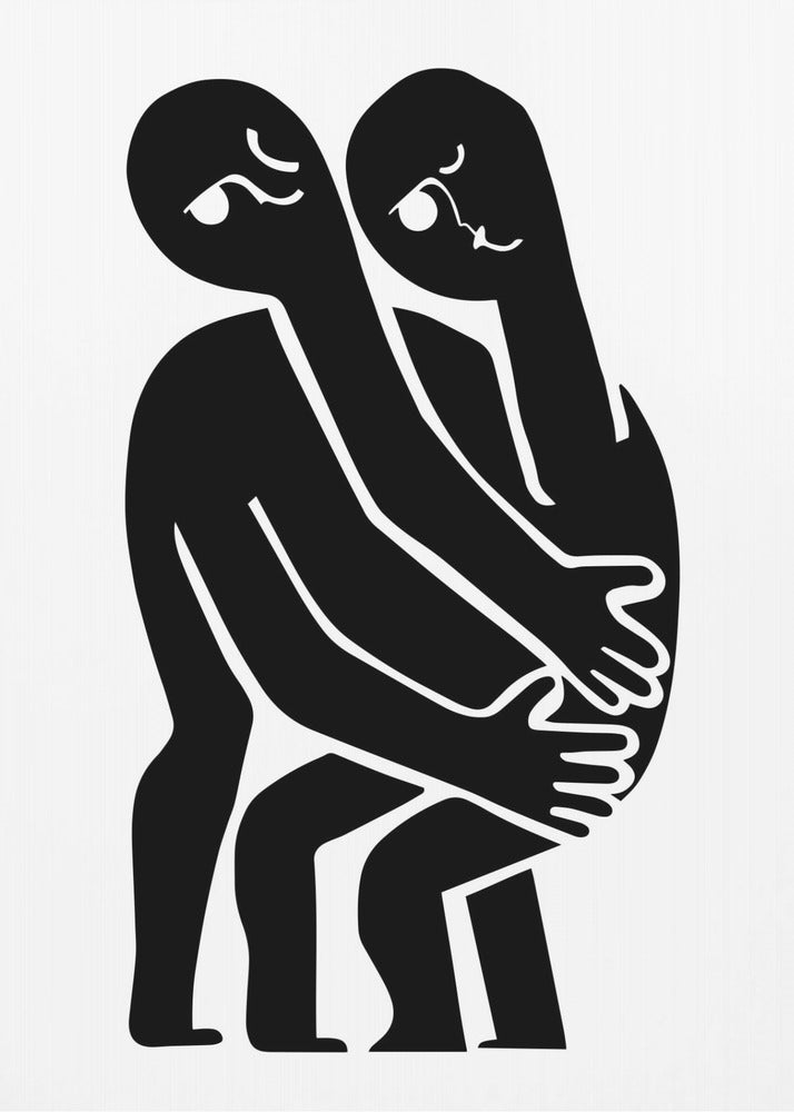A minimalist black and white art print featuring two abstract, stylized figures in a close embrace. The figures are rendered in solid black against a plain white background, with their elongated limbs and bodies intertwined. Simple white lines within the black silhouettes create expressive facial features. The artwork is contained within a thin black frame. Wall Art