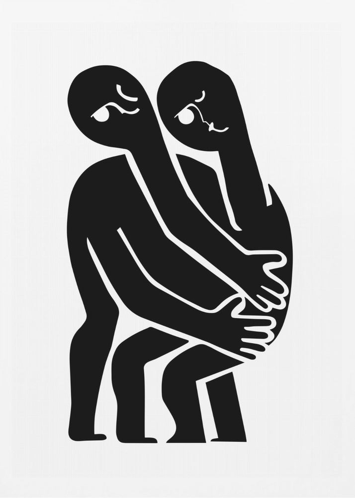 A minimalist black and white art print featuring two abstract, stylized figures in a close embrace. The figures are rendered in solid black against a plain white background, with their elongated limbs and bodies intertwined. Simple white lines within the black silhouettes create expressive facial features. The artwork is contained within a thin black frame. Wall Art