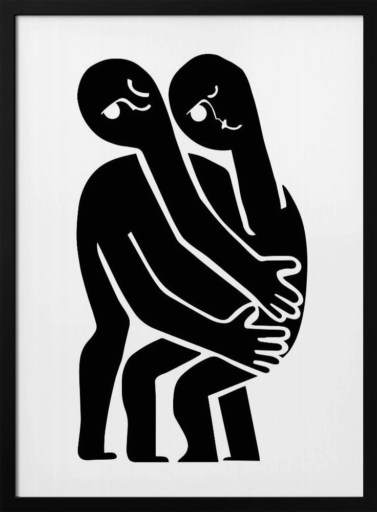 A minimalist black and white art print featuring two abstract, stylized figures in a close embrace. The figures are rendered in solid black against a plain white background, with their elongated limbs and bodies intertwined. Simple white lines within the black silhouettes create expressive facial features. The artwork is contained within a thin black frame. Wall Art