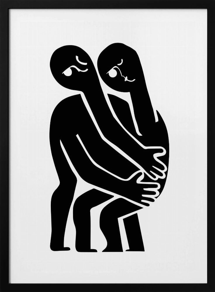 A minimalist black and white art print featuring two abstract, stylized figures in a close embrace. The figures are rendered in solid black against a plain white background, with their elongated limbs and bodies intertwined. Simple white lines within the black silhouettes create expressive facial features. The artwork is contained within a thin black frame. Wall Art