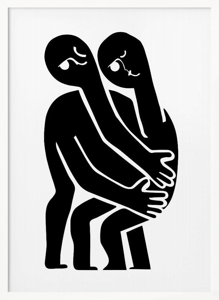 A minimalist black and white art print featuring two abstract, stylized figures in a close embrace. The figures are rendered in solid black against a plain white background, with their elongated limbs and bodies intertwined. Simple white lines within the black silhouettes create expressive facial features. The artwork is contained within a thin black frame. Wall Art