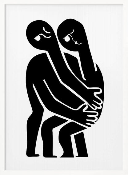 A minimalist black and white art print featuring two abstract, stylized figures in a close embrace. The figures are rendered in solid black against a plain white background, with their elongated limbs and bodies intertwined. Simple white lines within the black silhouettes create expressive facial features. The artwork is contained within a thin black frame. Wall Art