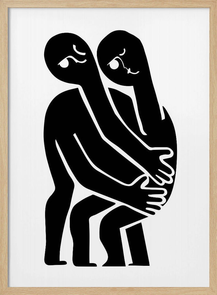 A minimalist black and white art print featuring two abstract, stylized figures in a close embrace. The figures are rendered in solid black against a plain white background, with their elongated limbs and bodies intertwined. Simple white lines within the black silhouettes create expressive facial features. The artwork is contained within a thin black frame. Wall Art