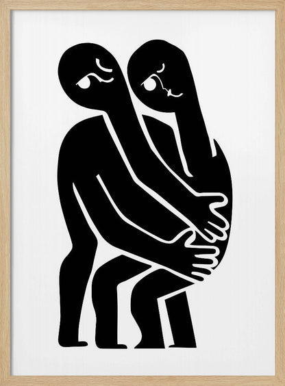 A minimalist black and white art print featuring two abstract, stylized figures in a close embrace. The figures are rendered in solid black against a plain white background, with their elongated limbs and bodies intertwined. Simple white lines within the black silhouettes create expressive facial features. The artwork is contained within a thin black frame. Wall Art