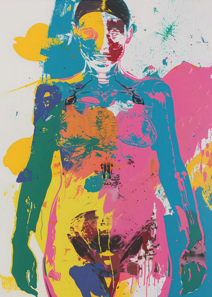An abstract pop art print of a female figure from the waist up, depicted in vibrant, overlapping blocks of color including pink, yellow, cyan, and green, with skeletal details visible, all set against a white background with paint splatters. Artwork
