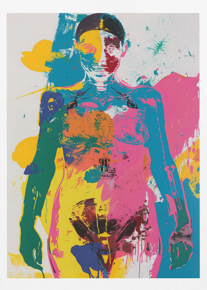 An abstract pop art print of a female figure from the waist up, depicted in vibrant, overlapping blocks of color including pink, yellow, cyan, and green, with skeletal details visible, all set against a white background with paint splatters. Artwork