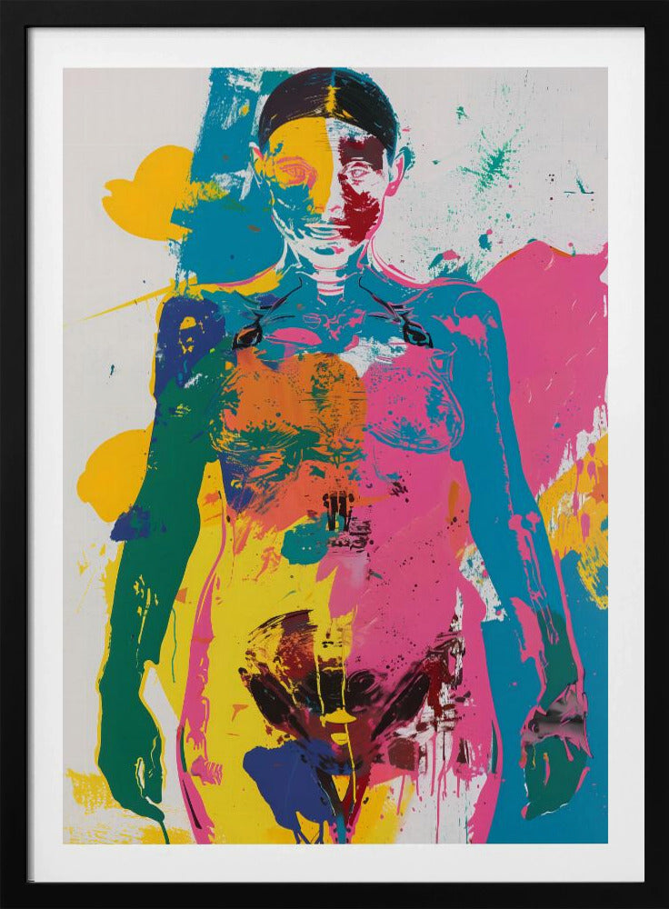 An abstract pop art print of a female figure from the waist up, depicted in vibrant, overlapping blocks of color including pink, yellow, cyan, and green, with skeletal details visible, all set against a white background with paint splatters. Artwork