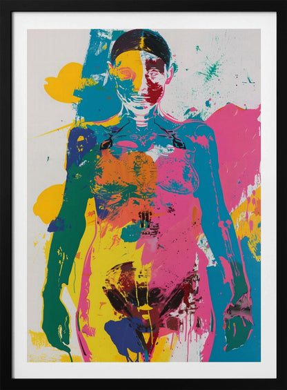 An abstract pop art print of a female figure from the waist up, depicted in vibrant, overlapping blocks of color including pink, yellow, cyan, and green, with skeletal details visible, all set against a white background with paint splatters. Artwork