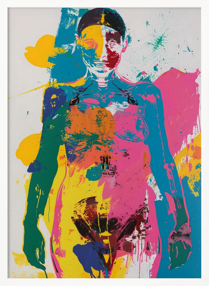 An abstract pop art print of a female figure from the waist up, depicted in vibrant, overlapping blocks of color including pink, yellow, cyan, and green, with skeletal details visible, all set against a white background with paint splatters. Artwork